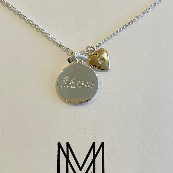 Cubic Zirconia Set in Silver Plated and 18k Gold Plated Mom Disc Necklace, Macys - Picture 1 of 12
